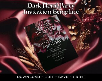 Dark Floral Party Invite Template/Moody Romantic Gothic Celebration/Editable Alternative Birthday Invitation/ Elegant Dark Aesthetic Card