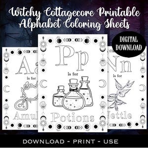 Hojas para colorear imprimibles del alfabeto cottagecore de brujas/Paquete de páginas de actividades góticas para niños/Descarga instantánea en PDF/Aprendizaje de fantasía alternativa