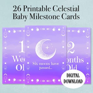26 biglietti stampabili con le tappe fondamentali del bambino celeste / Decorazioni magiche per la cameretta del bambino Whimsigoth / Download immediato di JPG / Settimane, mesi e primi sogni alternativi