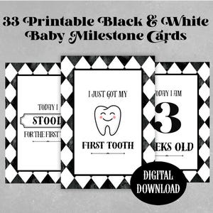 33 cartes d'étapes imprimables monochromes pour bébés/Décoration de chambre d'enfant de cirque neutre en termes de genre/Téléchargement instantané au format PDF/Semaines excentriques modernes, mois, premières