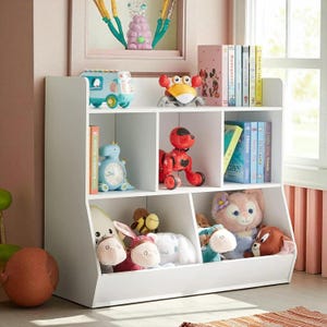 Kids Toy Storage Organizer with Bookshelf: 5-Cubby Playroom Cabinet