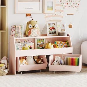 Kids Toy Storage Cabinet: Rolling Bins, Montessori Shelf
