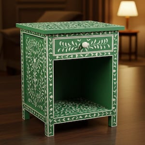 Green Bone Inlay Bedside Table Square Nightstand with Intricate Floral Pattern | Decorative Storage Cabinet for Bedroom and  Living Room.
