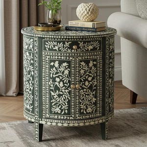 Round Bedside Table Green Bone Inlay, Handcrafted Living Rooms Bone Inlay Furniture, Floral Pattern End Nightstand, Bedroom Inlay Side Table