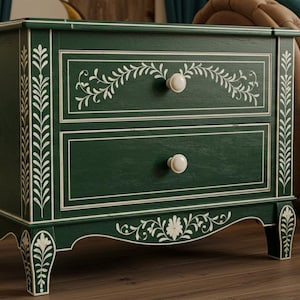 Bone Inlay Bedside Table, Ethnic-Style Inlay Nightstand in Rich Green Hue, Room Decor Side Table, Handcrafted Bone Inlay Furniture Table