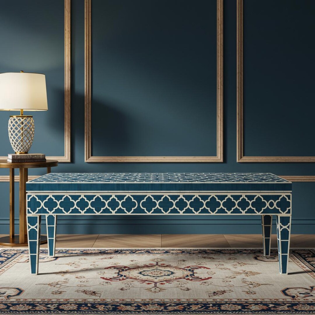 Handcrafted Blue Bone Inlay Bed Bench, Entryway Sleeping Bench, Stool ...