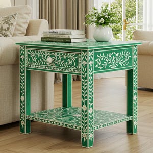 Square Green Bone Inlay Nightstand – Floral Design Side Cabinet | Handmade Bohemian Furniture for Bedroom or Living Room