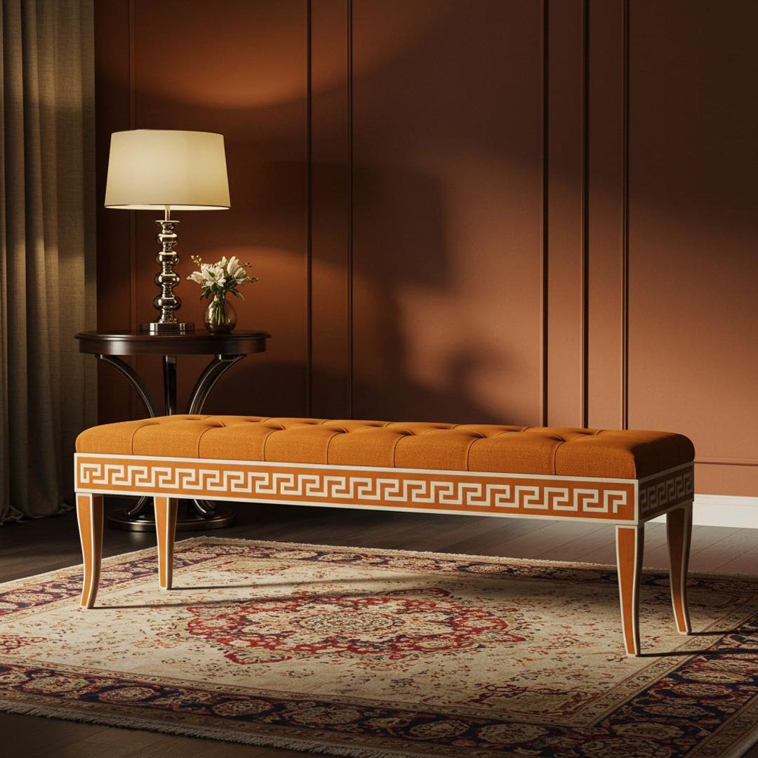 Upholstered Bone Inlay Bed Bench, Handmade Custom Inlay Solid Wood ...