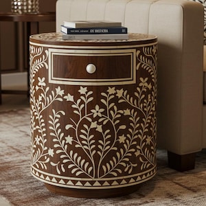 Comodino intarsiato in osso marrone fatto a mano / Elegante comodino rotondo floreale / Tavolino di lusso per camera da letto, soggiorno e arredamento per la casa