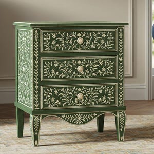 Green Bone Inlay Floral Bedside Table, Square Shaped Bone Inlay Nightstand End Table, Bedroom & Living Room Bone Inlay Side Table Furniture
