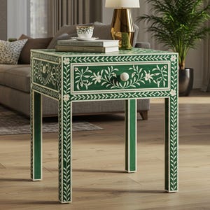 Square Green Bone Inlay Bedside Table with Floral Design | Indian Handmade Nightstand for Bedroom, Living Room or Entryway.
