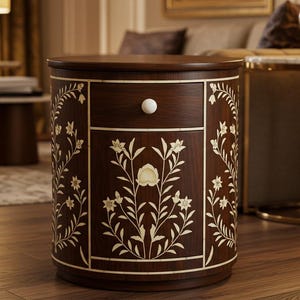 Luxury Handmade Brown Bone Inlay Nightstand | Elegant Round Floral Bedside Table | Accent Table for Bedroom, Living Room & Home Styling