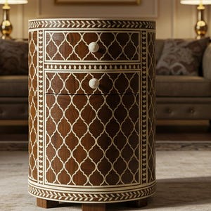 Tavolino laterale intarsiato in osso fatto a mano / Comodino rotondo marrone con design geometrico / Mobile di lusso in stile boho per camera da letto e soggiorno