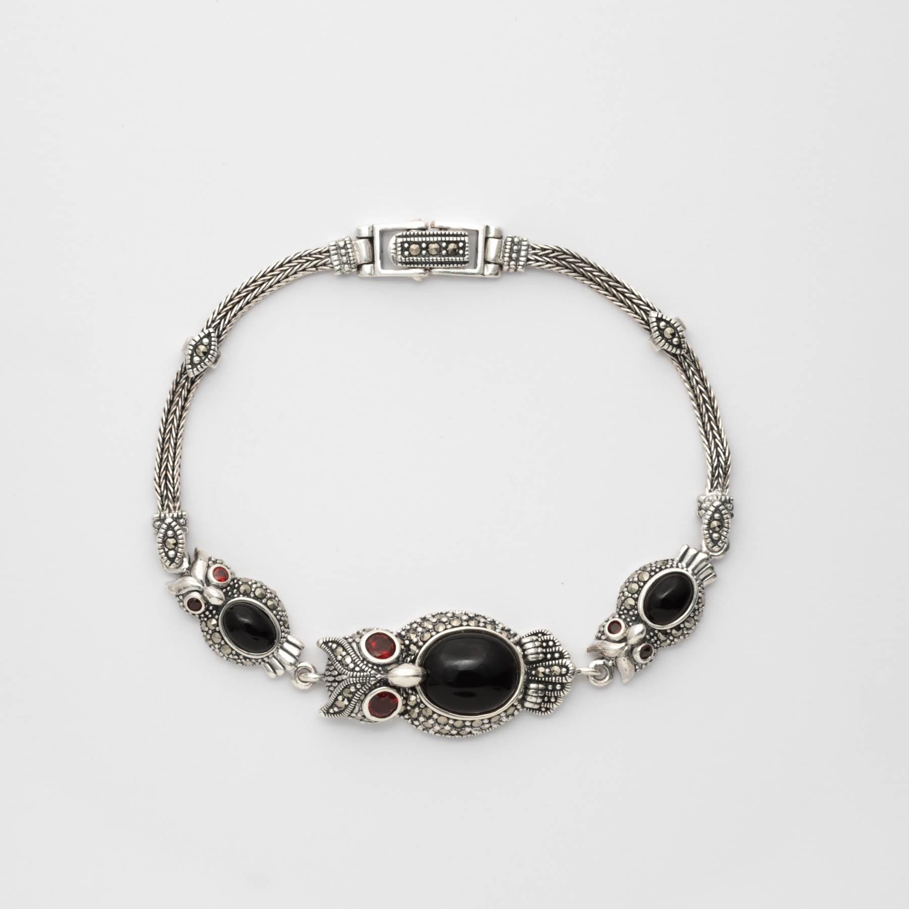 Sterling Silver Owl Bracelet: Black Onyx & Marcasite Gemstone
