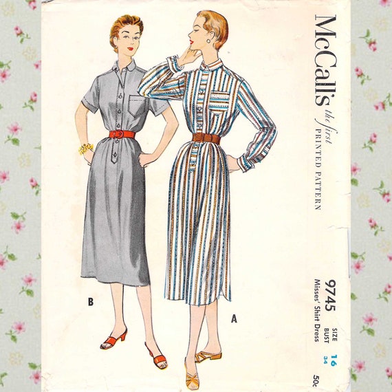 misses shirt dresses Mccall's 9745 Misses' Shirt Dress Size 16 1954