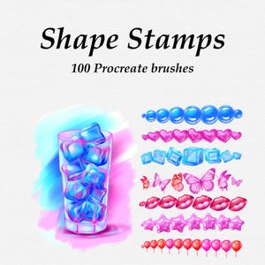 May include: Digital art illustration of "Shape Stamps" with 100 Procreate brushes. The image features a glass of blue ice cubes, and rows of blue bubbles, pink hearts, blue ice cubes, pink butterflies, red lips, pink stars, and red balloons.