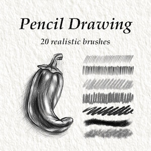 May include: A digital graphic featuring the text Pencil Drawing and 20 realistic brushes. On the left is a black and white pencil sketch of a chili pepper. On the right are six horizontal rows showing various pencil stroke textures and shading.