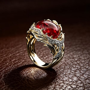 14K Gold Ruby Diamond Statement Ring, Handcrafted Ornate Red Gemstone Ring, Luxury Fine Jewelry Gift for Her