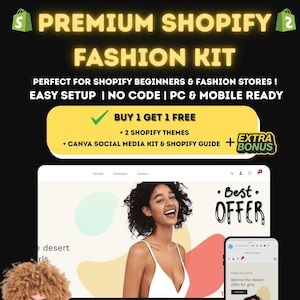 Peut inclure: Image promotionnelle pour un kit de mode Shopify. L'image contient du texte indiquant "Achetez-en 1, obtenez-en 1 gratuit" et "50% de méga soldes". Elle comprend également une maquette de site web et une maquette de téléphone, avec le texte "Premium Shopify Fashion Kit".