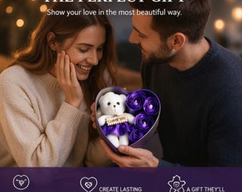 Personalized Teddy Bear Rose Box Gift, Romantic Heart Gift Box, Valentine Gift for Her, Anniversary Gift, Cute Bear with Soap Roses, Gift