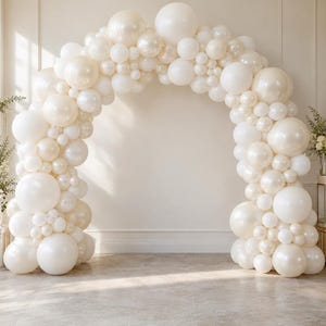 Peut inclure: Une grande arche de ballons composée de nombreux ballons ronds dans des nuances variées de crème, blanc cassé et blanc nacré. Les ballons sont disposés en une formation dense et groupée pour créer un cadre continu et arrondi.
