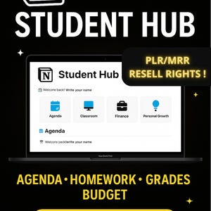 Peut inclure: Graphique noir promouvant un Notion Student Hub. L'image affiche un écran d'ordinateur portable avec les mots "Student Hub" et des icônes pour Agenda, Classroom, Finance et Personal Growth. Le texte comprend "PLR/MRR RESELL RIGHTS!" et "INSTANT DOWNLOAD."