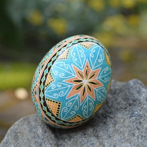 Blue pysanka egg hand painted decorative ornament, Ukrainian Easter art egg thoughtful gift real chicken egg shell dyed pysanka folk art