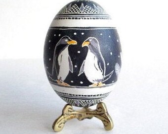 Penguin egg ornament, Pysanka egg couple gift, best engagement gifts Ukrainian Easter eggs pysanky traditional egg shell art custom keepsake