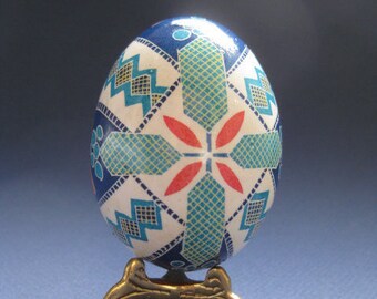 Ukrainian Easter Pysanky egg ornament, blue hand painted religious ornaments with cross, decorative blue egg for Christmas or Easter gift