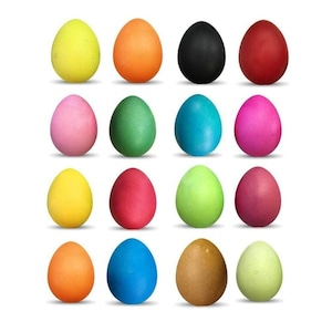 May include: A collection of sixteen solid-colored eggs arranged in a four-by-four grid. The eggs feature a variety of vibrant hues including yellow, orange, black, red, pink, green, blue, magenta, lime, purple, brown, and light green.