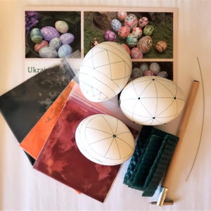 Pysanky kit Easter egg supplies, DIY egg ornaments gift set, Ukrainian egg dyes, kistka tool, beeswax, hollow pre-waxed chicken eggshells