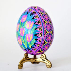 Hand-Painted Pysanka Egg with Blue and Pink Tulips, Ukrainian Easter Decor