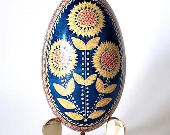 Hand-Painted Sunflower Pysanka, Ukrainian Goose Shell Art, Unique Floral Centerpiece Gift