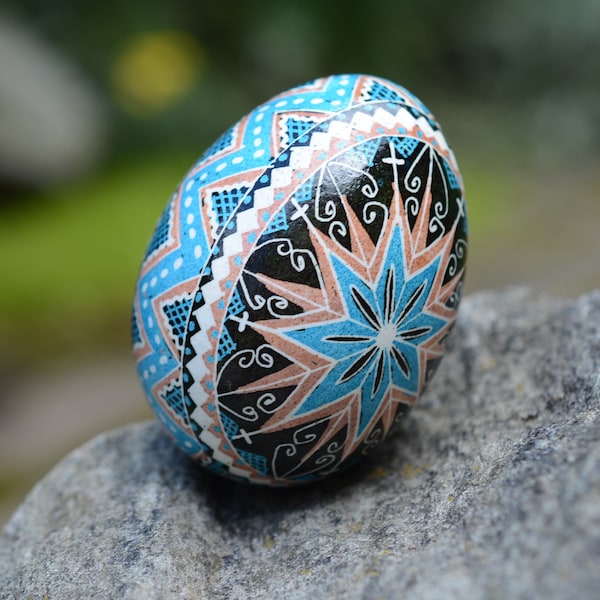 Ukrainian Easter eggs pysanky with cross, blue art egg Pysanka Ukraine traditional Easter gift, personalized Baptism gift from Godmother