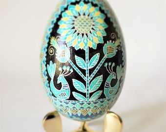 Pysanka egg real goose eggshell in blue black traditional Ukrainian Easter egg