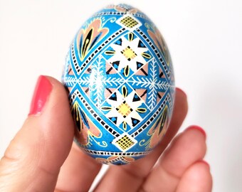 Hand-Painted Pysanka Ukrainian Easter Egg Ornament, Blue Chicken Eggshell Pysanky