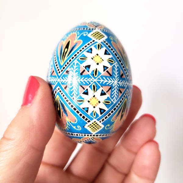 Hand-Painted Pysanka Ukrainian Easter Egg Ornament, Blue Chicken Eggshell Pysanky