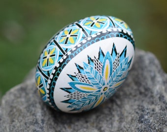 Easter pysanka blue decorative egg shell ornament, Ukrainian Easter eggs gift and home decor ideas traditional pysanka egg hand painted egg