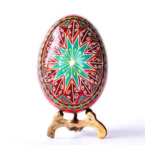 Ukrainian egg pysanka traditional folk art of Ukraine, Pysanka Easter gift, Christmas tree egg ornament, red pysanka egg star pattern design
