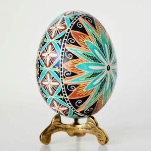 Hand-Painted Pysanka Easter Egg, Ukrainian Chicken Eggshell Ornament, Blue Star Design Pysanky Eggs
