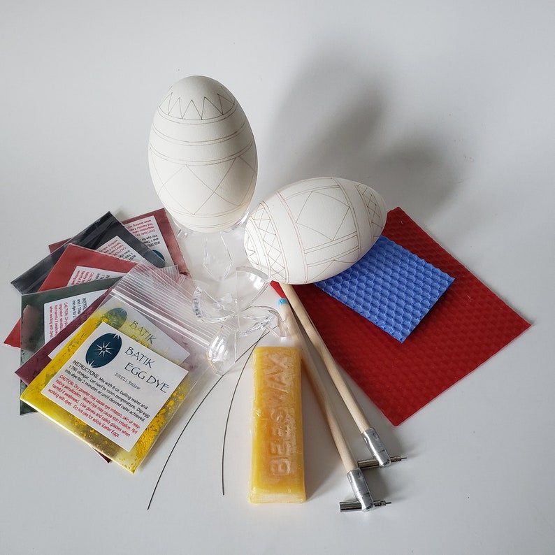 Goose pysanky supplies kit gift set Easter craft kit Family Activities, Ukrainian eggs supplies dyes goose eggshells beeswax block kistka image 1