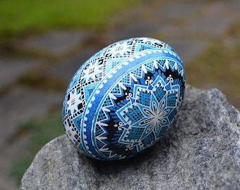 Pysanka egg Ukrainian Easter ornament, hand painted turquoise pysanky eggs, decorative eggshell painted hot wax kistka, Polish eggs for Mom