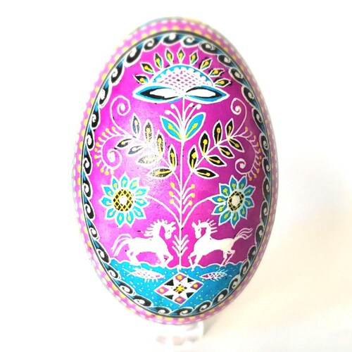 Pysanka Batik Art Egg: Horses and Tree of Life, Ukrainian Easter Egg, Wedding Pysanky