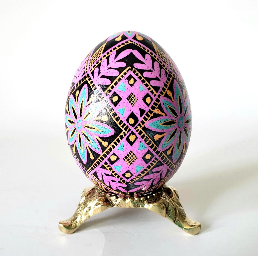 Pysanka Ukrainian Easter Egg, Pink-black Floral Batik Art Ornament - Etsy