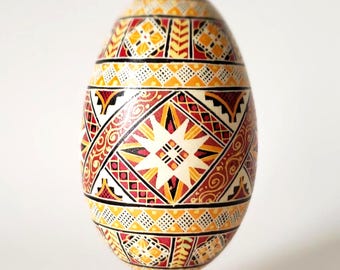 Goose Pysanka, Hand-Painted Ukrainian Easter Egg Ornament, Fancy pattern in Burgundy and Gold
