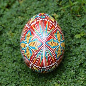 Red Pysanka fancy pattern large flowers, Ukrainian Easter egg hand-painted on real chicken eggshells for sale handcrafted red blue Pysanka