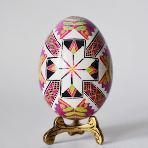 Fancy Ukrainian Easter Pysanka decorative egg for sale, purple pattern design batik egg, white star green leaves pysanka chicken eggshell