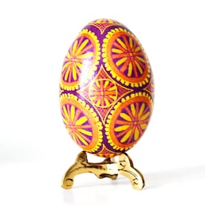 Yellow-Purple Pysanka for sale hand-painted Ukrainian Easter egg ornament, floral motif pattern symbolizing strong friendship and loyalty