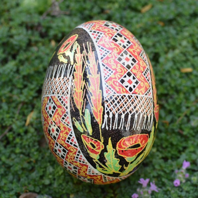 Ukrainian Pysanka Easter Egg, Red Poppies, Wheat, Wax Resist Art ...