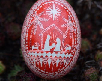 Christmas Nativity Pysanka, Hand-Painted Pysanky Goose Egg: Nativity Scene Ornament